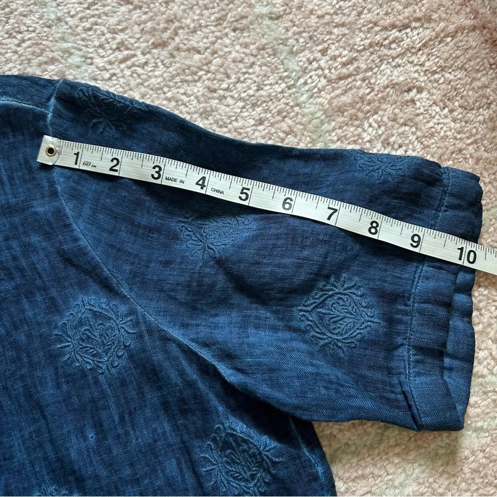 Chicos Linen Blend Blue Space Dye Tee Embroidered Lace Appliqué Size 4/6 Coastal - Picture 12 of 13